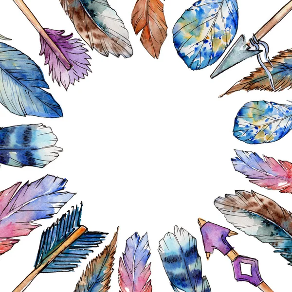 Watercolor bird feather frame from wing. — Stock Photo, Image