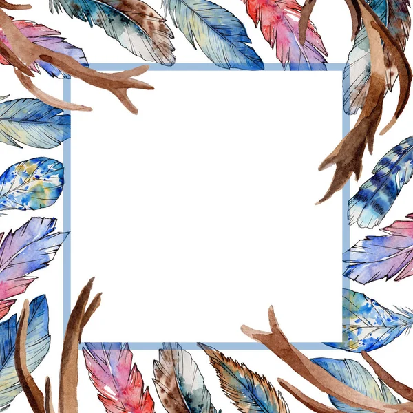 Watercolor bird feather frame from wing. — Stock Photo, Image