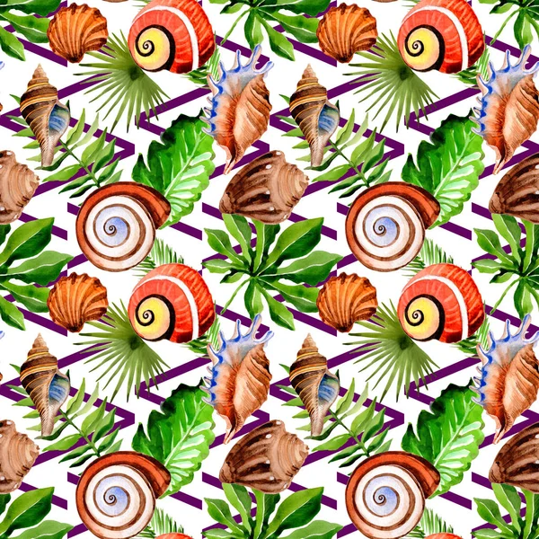 열 대 하와이 수채화 스타일에 팜 나무와 바다 쉘 패턴을 나뭇잎. — 스톡 사진