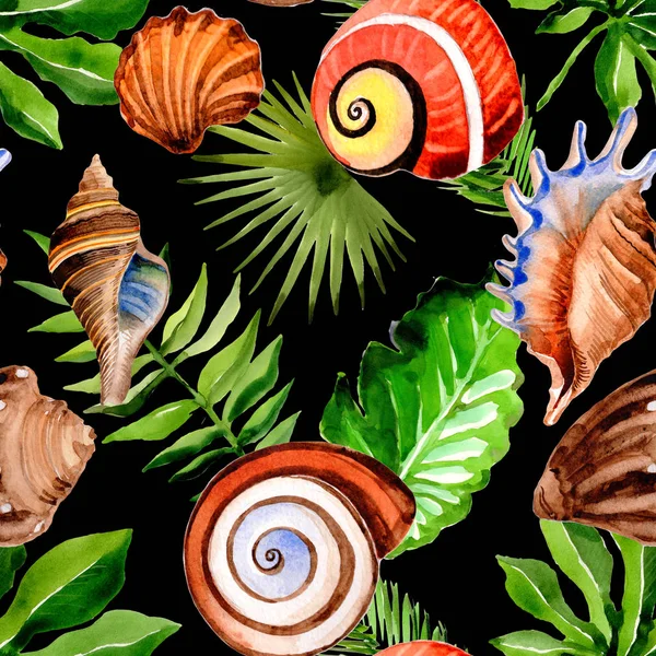 Tropische Hawaii verlaat palm tree en zee schelp patroon in een aquarel stijl. — Stockfoto