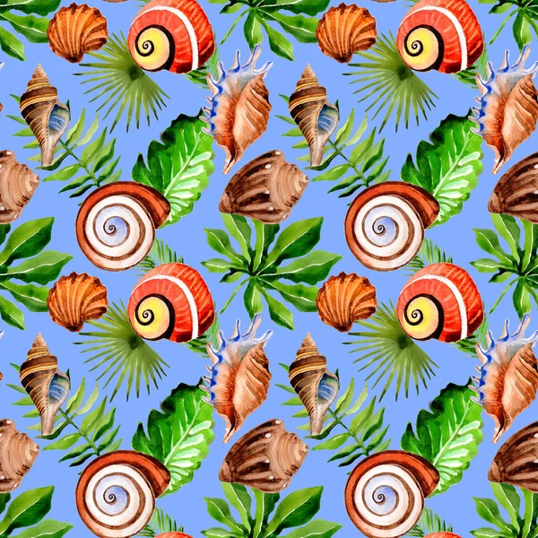 Tropiska Hawaii lämnar palm tree och sea shell mönster i akvarell stil. — Stockfoto