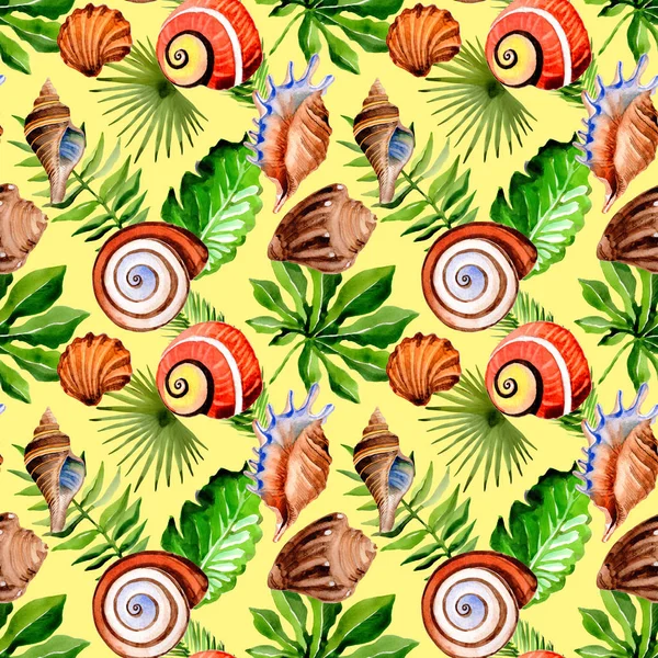 热带夏威夷叶棕榈树和海壳模式以水彩风格. — 图库照片