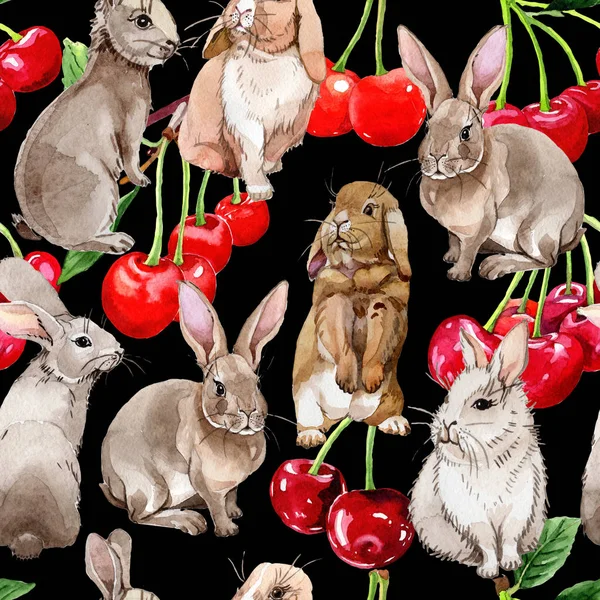 Akwarela Cherry i królik — Zdjęcie stockowe