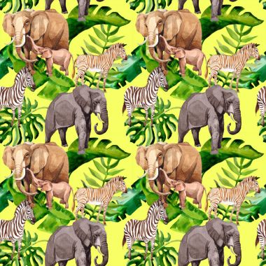 Suluboya tarzında egzotik zebra ve fil vahşi hayvanlar desen.