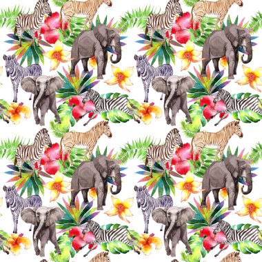Suluboya tarzında egzotik zebra ve fil vahşi hayvanlar desen.