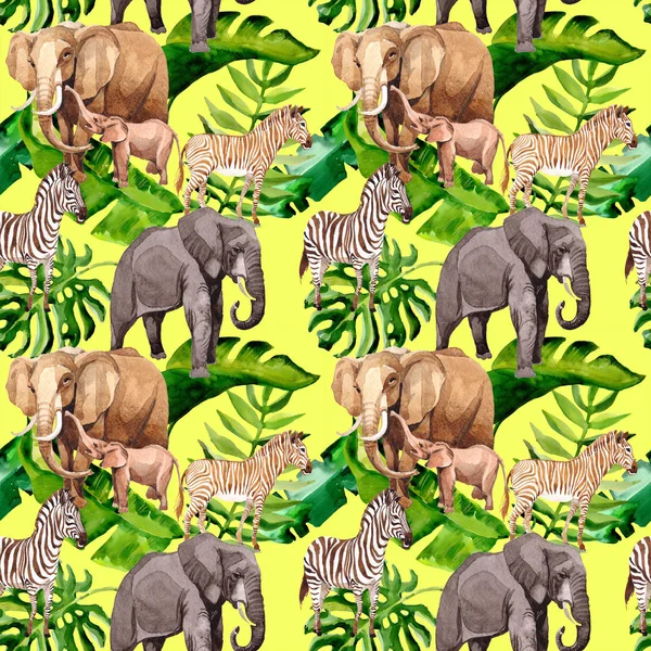 Egzotyczny wzór dzikie zwierzęta zebra i słoń w stylu przypominającym akwarele. — Zdjęcie stockowe