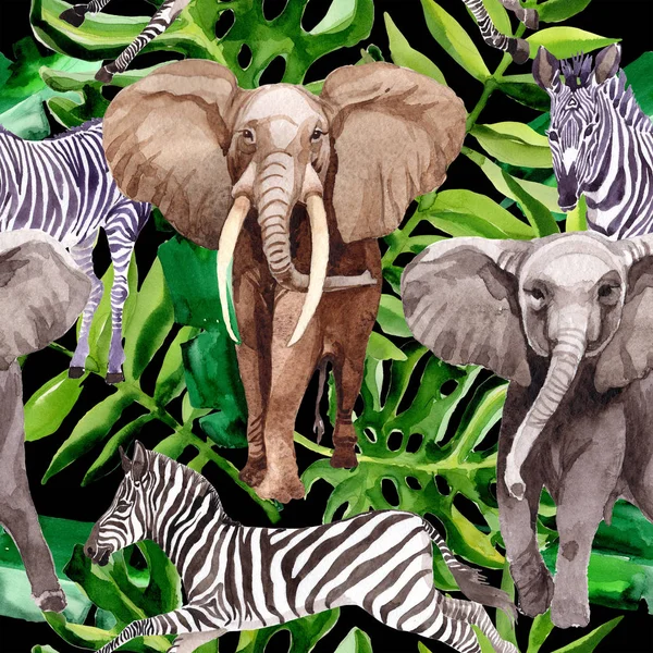 Suluboya tarzında egzotik zebra ve fil vahşi hayvanlar desen. — Stok fotoğraf