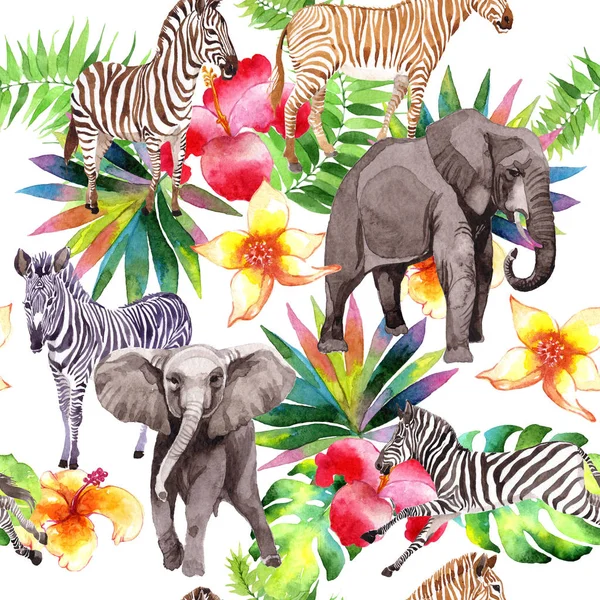 수채화 스타일에 이국적인 얼룩말과 코끼리 야생 동물 패턴. — 스톡 사진