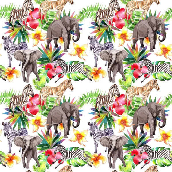 Suluboya tarzında egzotik zebra ve fil vahşi hayvanlar desen.