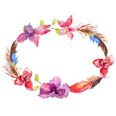 Kır çiçeği orkide çiçek çelenk suluboya tarzında.