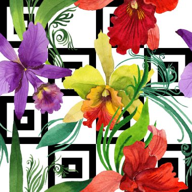 Kır çiçeği orkide çiçek deseni suluboya tarzında.