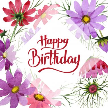 Kır çiçeği kosmeya çiçek çerçeve suluboya tarzında.