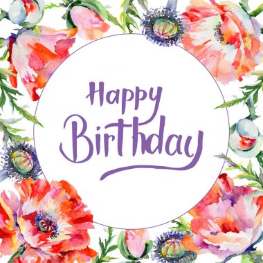 Kır çiçeği haşhaş çiçek çerçeve suluboya tarzında.