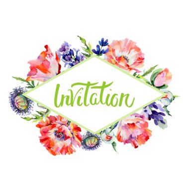 Kır çiçeği haşhaş çiçek çerçeve suluboya tarzında.