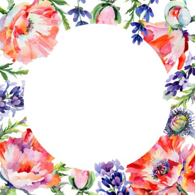 Kır çiçeği haşhaş çiçek çerçeve suluboya tarzında.