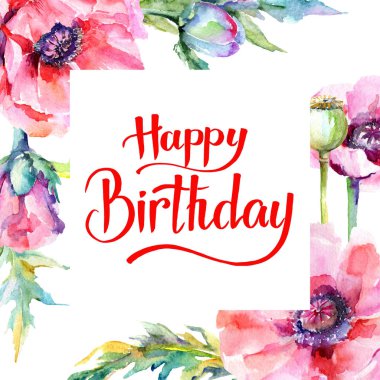 Kır çiçeği haşhaş çiçek çerçeve suluboya tarzında.