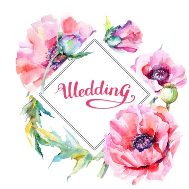 Kır çiçeği haşhaş çiçek çerçeve suluboya tarzında.