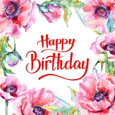 Kır çiçeği haşhaş çiçek çerçeve suluboya tarzında.