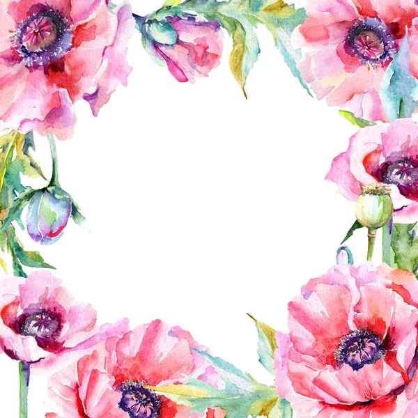 Wildflower poppy flower frame in a watercolor style.