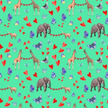 Egzotik kelebek vahşi böcek ve hayvan desen suluboya tarzında.