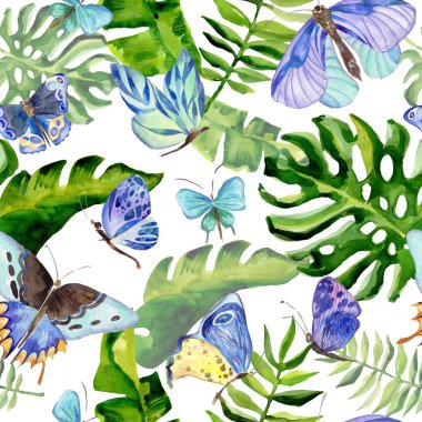Egzotik kelebek vahşi böcek ve tropikal yaprak desen suluboya tarzında.