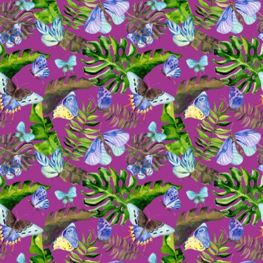 Egzotik kelebek vahşi böcek ve tropikal yaprak desen suluboya tarzında.