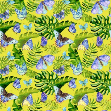 Egzotik kelebek vahşi böcek ve tropikal yaprak desen suluboya tarzında.