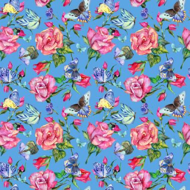 Egzotik kelebek vahşi böcek ve gül desen suluboya tarzında.