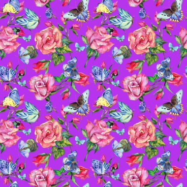 Egzotik kelebek vahşi böcek ve gül desen suluboya tarzında.