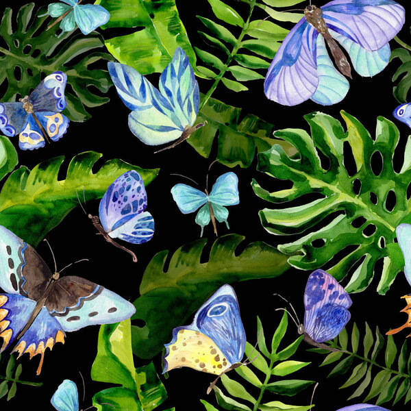 Exotic butterfly wild insect and tropical leaf pattern in a watercolor style.