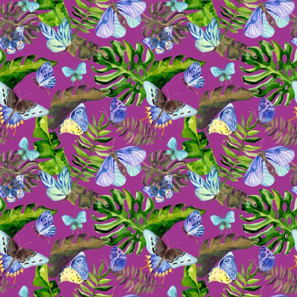 Egzotik kelebek vahşi böcek ve tropikal yaprak desen suluboya tarzında.