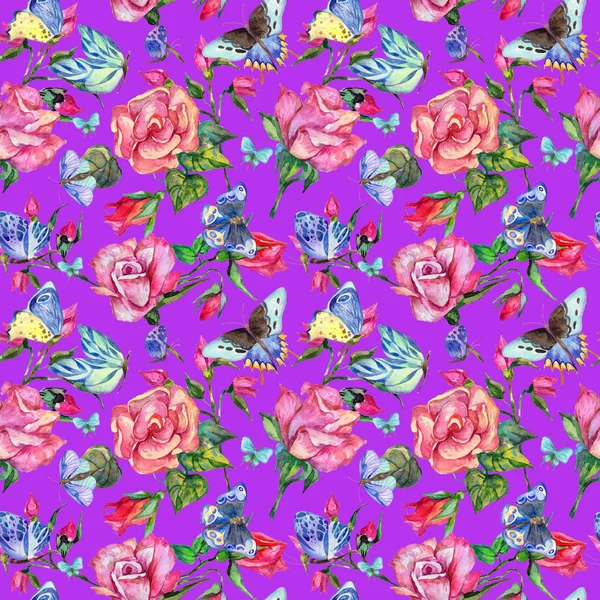 Egzotik kelebek vahşi böcek ve gül desen suluboya tarzında.