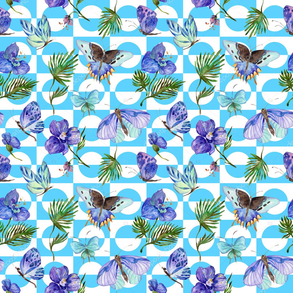 Exotic butterfly wild insect and tropical leaf pattern in a watercolor style.