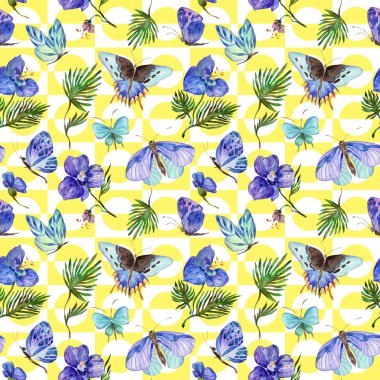 Egzotik kelebek vahşi böcek ve tropikal yaprak desen suluboya tarzında.