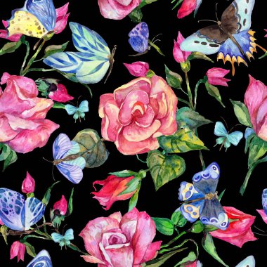 Egzotik kelebek vahşi böcek ve gül desen suluboya tarzında.