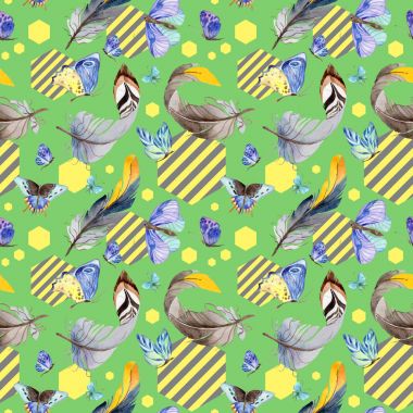 Egzotik kelebek vahşi böcek ve tüyleri desen suluboya tarzında.