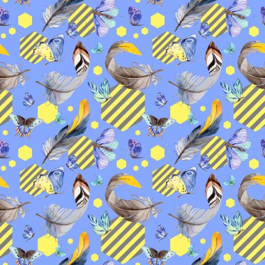 Egzotik kelebek vahşi böcek ve tüyleri desen suluboya tarzında.