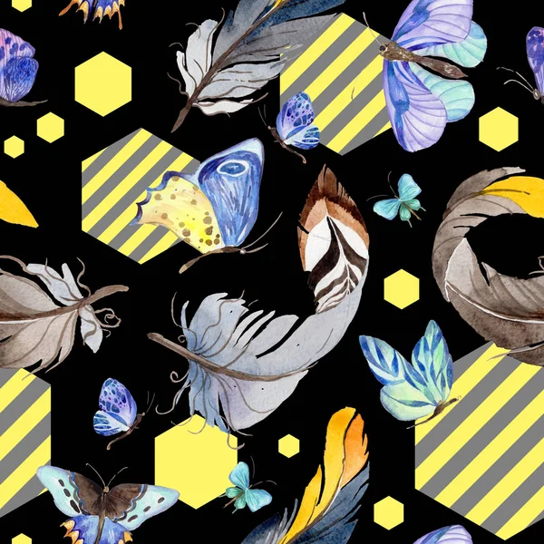 Exotischer Schmetterling, wildes Insekten- und Federmuster im Aquarell-Stil. — Stockfoto
