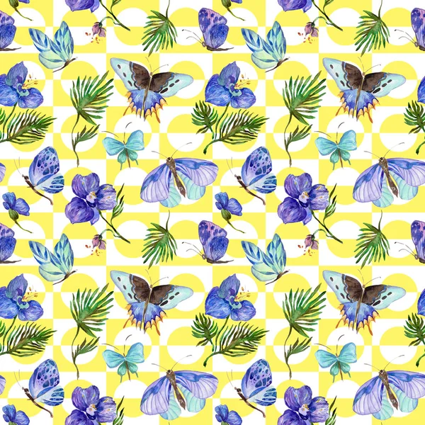 Egzotik kelebek vahşi böcek ve tropikal yaprak desen suluboya tarzında.