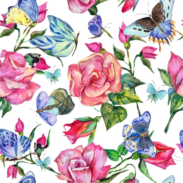 Dziki egzotyczny motyl owad i róże wzór w stylu przypominającym akwarele. — Zdjęcie stockowe
