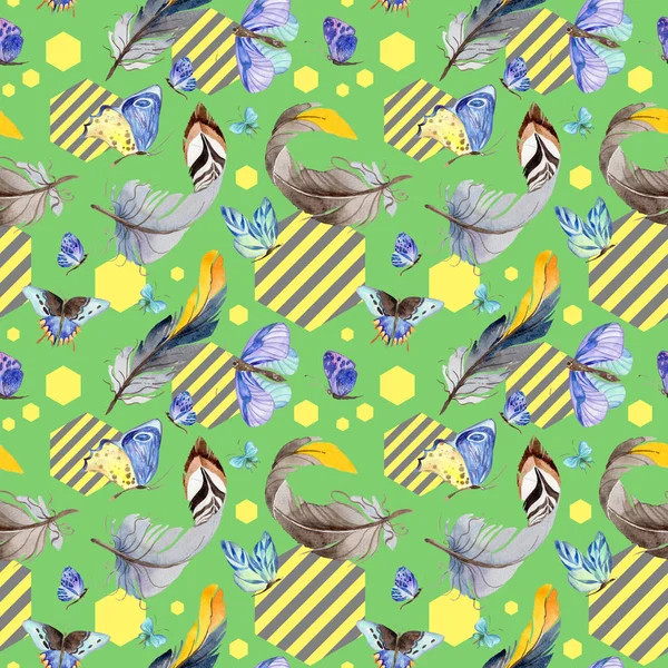 Egzotik kelebek vahşi böcek ve tüyleri desen suluboya tarzında.