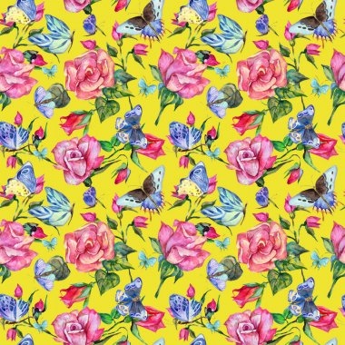 Egzotik kelebek vahşi böcek ve gül desen suluboya tarzında.