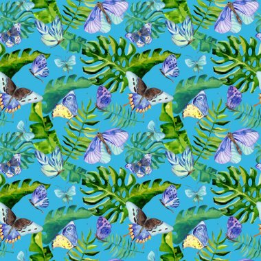 Egzotik kelebek vahşi böcek ve tropikal yaprak desen suluboya tarzında.