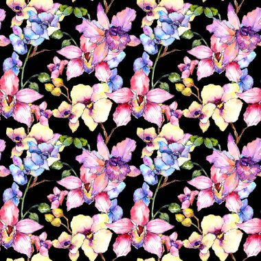 Kır çiçeği orkide çiçek deseni suluboya tarzında.