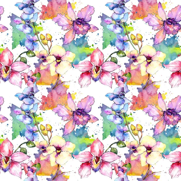 Wildblumen-Orchideen-Blumenmuster im Aquarell-Stil. — Stockfoto