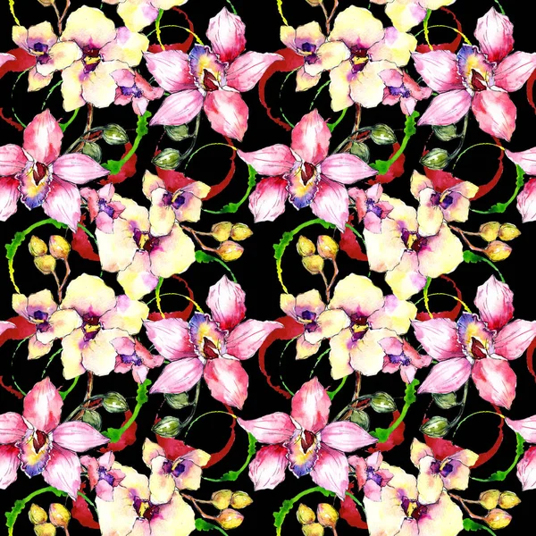 Wildblumen-Orchideen-Blumenmuster im Aquarell-Stil. — Stockfoto