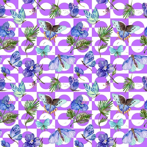 이국적인 나비 야생 곤충 및 수채화 스타일에 열 대 잎 패턴. — 스톡 사진
