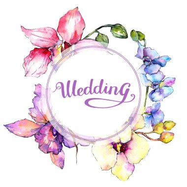 Kır çiçeği orkide çiçek çerçeve suluboya tarzında.