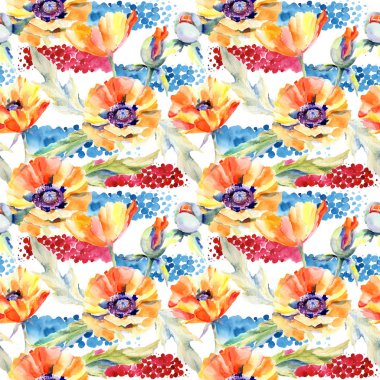 Kır çiçeği haşhaş çiçek deseni suluboya tarzında.