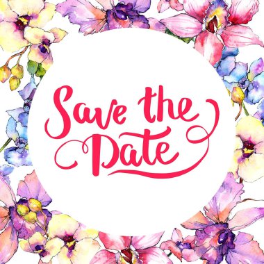 Kır çiçeği orkide çiçek çerçeve suluboya tarzında.